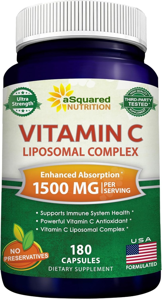 aSquared Nutrition Vitamin C Liposomal Complex - 1500mg Supplement - 180 Capsules - High Absorption VIT C Ascorbic Acid Pills - Supports Immune System & Collagen Health - 90 Servings
