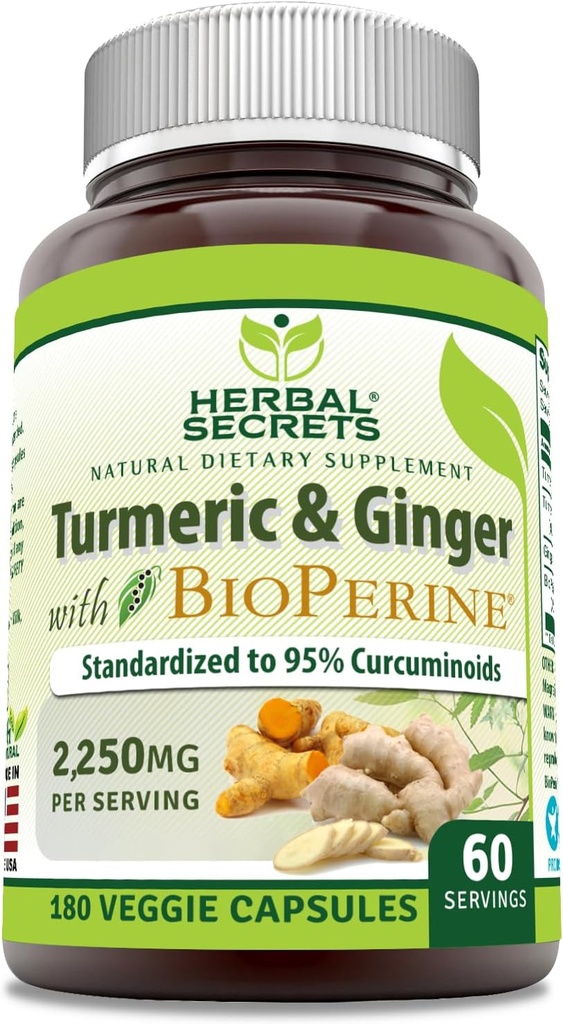 Herbal Secrets Turmeric Curcumin & Ginger with BioPerine Supplement | 2,250 Mg Per Serving | 180 Capsules | Non-GMO | Gluten Free | Made in USA