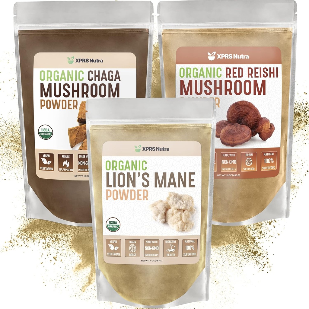 XPRS Nutra Mushroom Bundle - Lion's Mane, Chaga, Red Reishi Mushrooms - All Organic Mushroom Bundle (16 Ounces Each)