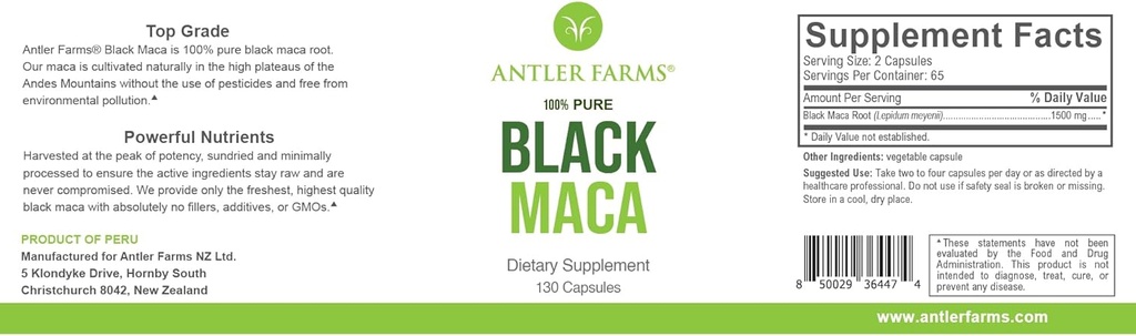 Antler Farms - 100% Pure Black Maca Root, 130 Capsules, 1500mg – Grown in The Junin Plateau in Peru, Male Energy, Vitality & Stamina, Hormonal Balance, Memory & Mental Clarity