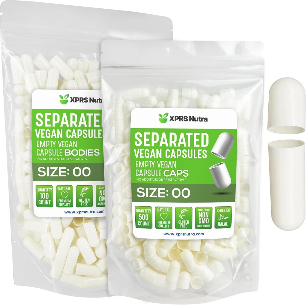 XPRS Nutra Vegan Size 00 Separated Capsules - 100 Count Premium Empty Capsules Separated in Bags - 00 Pills Empty for DIY Supplement Filling (White)