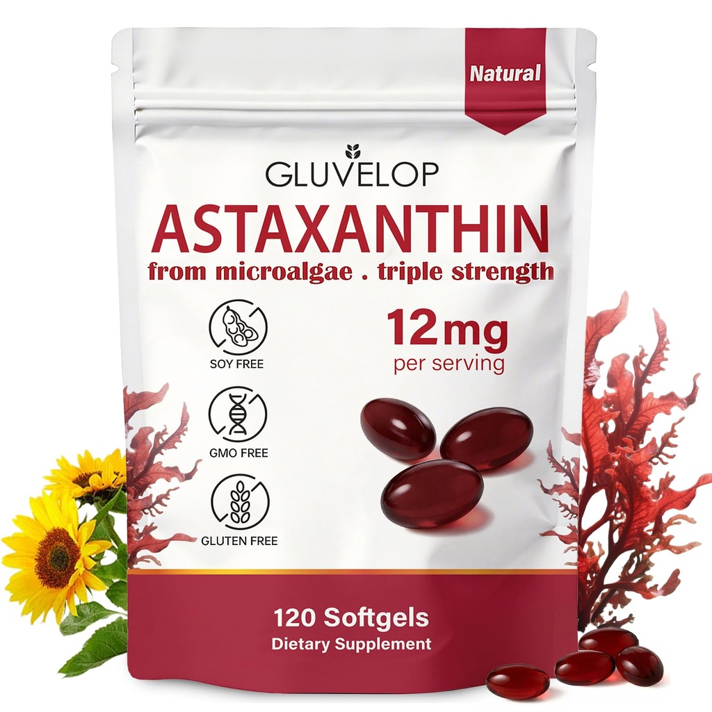 Astaxanthin 12mg, Premium Astaxanthin Antioxidant Supplements, Supports Eye, Skin, Immune, Internal Circulation, Fresh Microalgae Source, Triple Strength, Non-GMO, 4 Month Supply, 120 Softgels