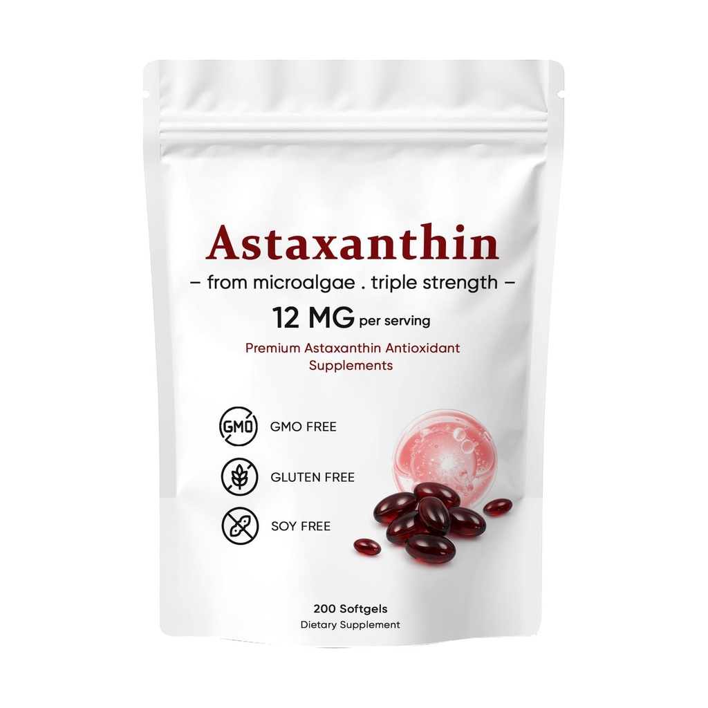 Astaxanthin 12mg, Premium Astaxanthin Antioxidant Supplements, Supports Eye, Skin, Immune, Joint, Internal Circulation, Non-GMO Verified & Gluten Free - 200 Softgels