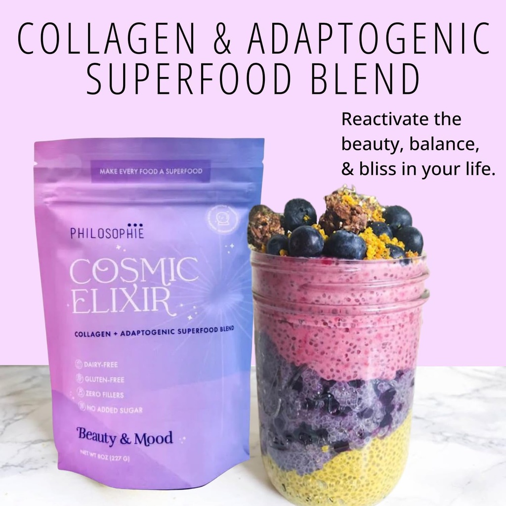 Philosophie Cosmic Elixir Collagen Superfood Blend with Adaptogens – Organic & Unsweetened Powder for Gut Health, Hormone Balance, Joint Support & Skin Vitality – 32 Servings