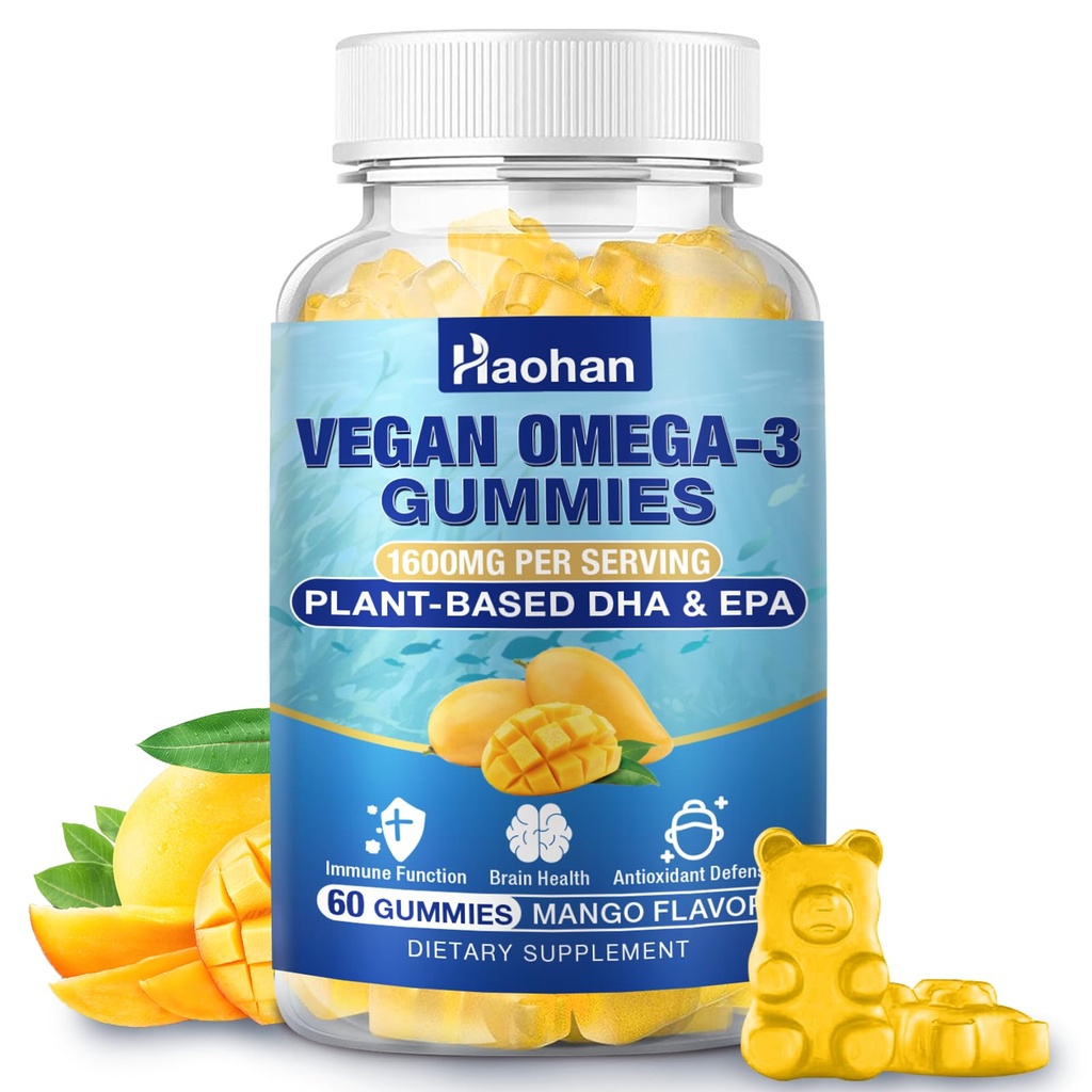 Omega-3 Gummies for Adults, Orange Flavor – Sugar-Free, Algae-Derived DHA 600mg & EPA 300mg, with Vitamins A, C, E, Zinc, 60 Gummies