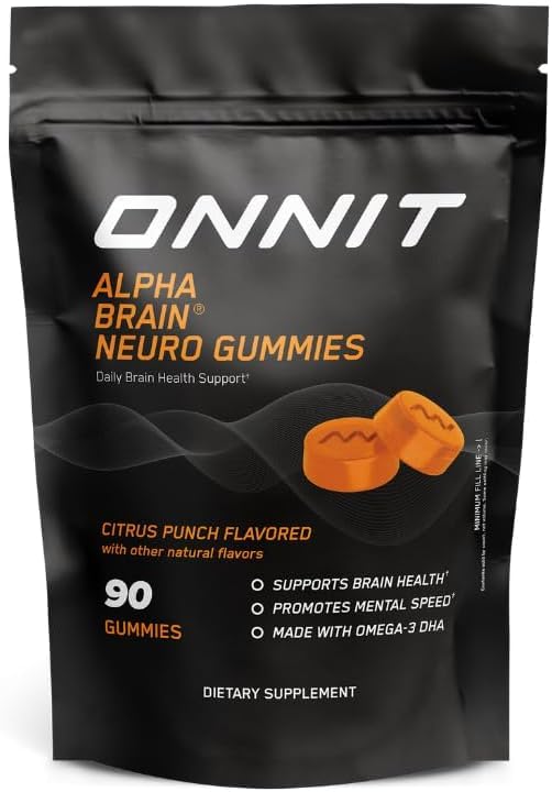 ONNIT Alpha Brain Neuro Focus Gummies, IGEN Non-GMO Tested Vegan Gummies with Omega-3s Lutein Zeaxanthin and Caffeine, Brain Eye and Focus Supplement for Men and Women, Citrus Punch, 90 Count