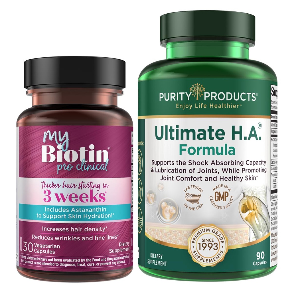 Purity Products Bundle - MyBiotin ProClinical + Ultimate H.A MyBiotin ProClinical (Biotin, MB40X Matrix, Astaxanthin) - Ultimate H.A. (BioCell Collagen, Quercetin, Hyaluronic Acid +More)