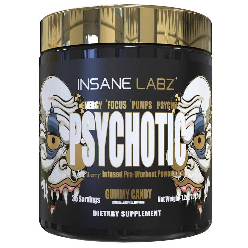 Insane Labz Psychotic Gold, High Stimulant Pre Workout Powder, Extreme Lasting Energy Focus, Pumps and Endurance with Beta Alanine, DMAE Bitartrate, NO Booster (35 Servings, Gummy Candy)