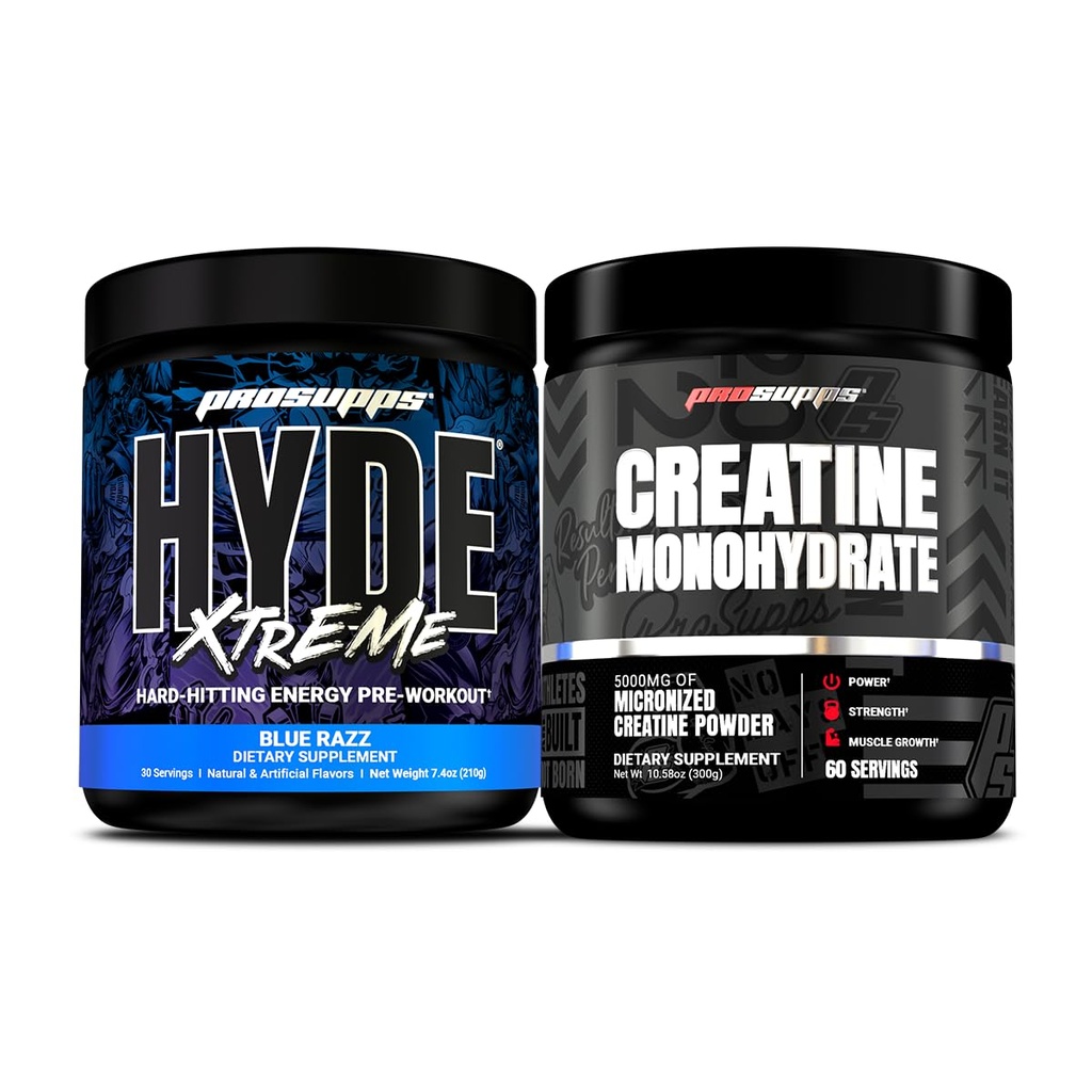 PROSUPPS Hyde Xtreme Hard-Hitting Energy Pre-Workout, Blue Razz, and Creatine 300 Bundle