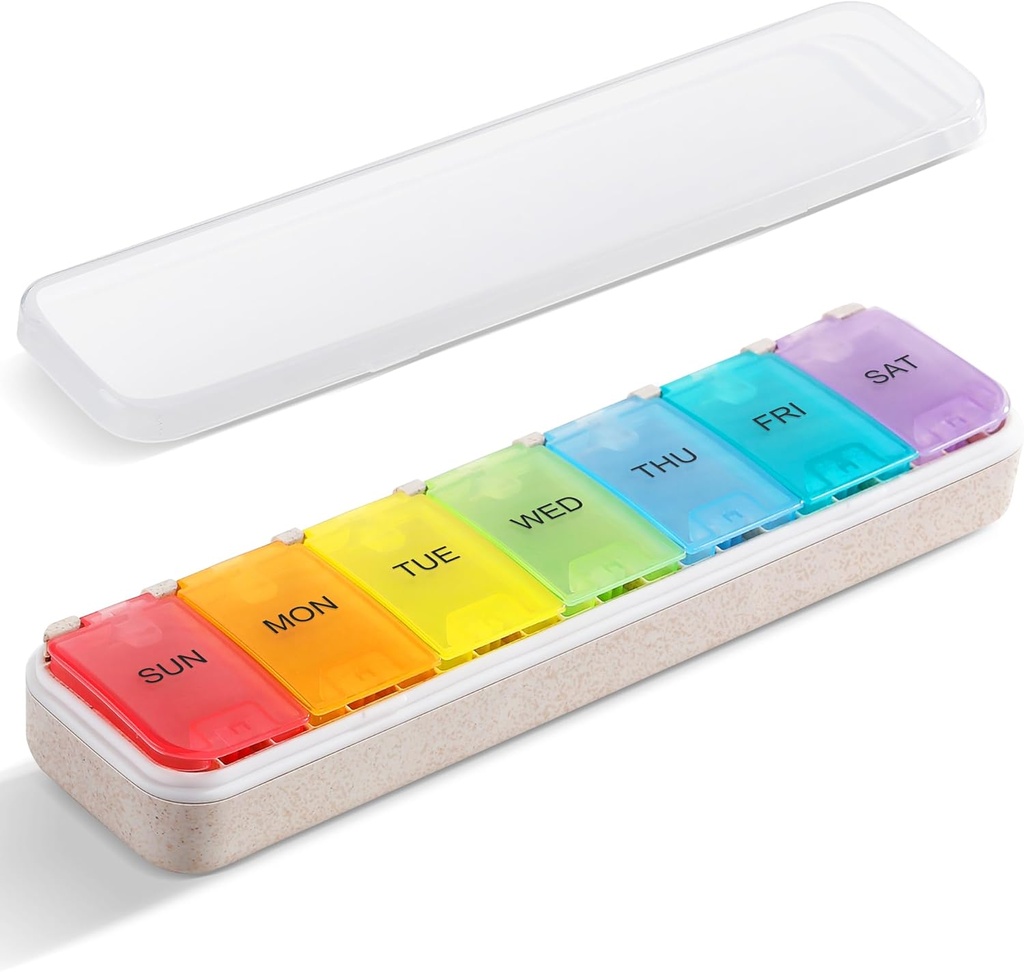 Zannaki Grain Fiber XL Weekly Pill Organizer 7 Day, Pop Open Large Travel Daily Pill Box, Moisture Proof Week Pill Holder Container, Arthritis Friendly Medicine Case for Vitamin Medication Supplement