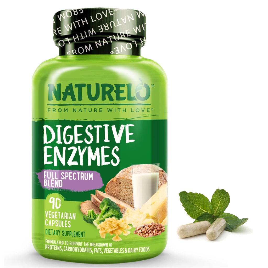 NATURELO Digestive Enzymes - Full Spectrum Support with a Broad Blend of 15 Enzymes Plus Ginger - 90 Vegan Capsules