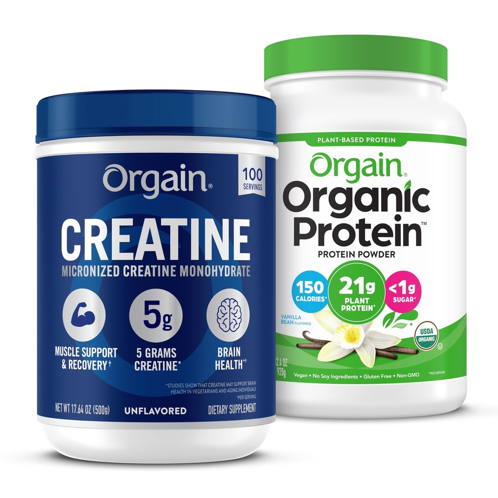Orgain Creatine Monohydrate Powder 17.64 Oz (100 Servings) & Organic Vegan Vanilla Bean Protein Powder 2.03 lb Bundle - Plant-Based Protein and Muscle Support