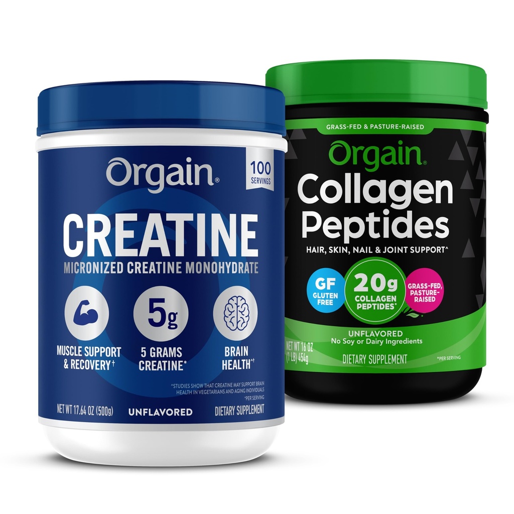 Orgain Creatine Monohydrate Powder 17.64 Oz (100 Servings) & Collagen Peptides Powder 1lb (20g Grass Fed) Bundle - Unflavored, Non-GMO Supplements for Muscle, Brain, Skin & Joint Support