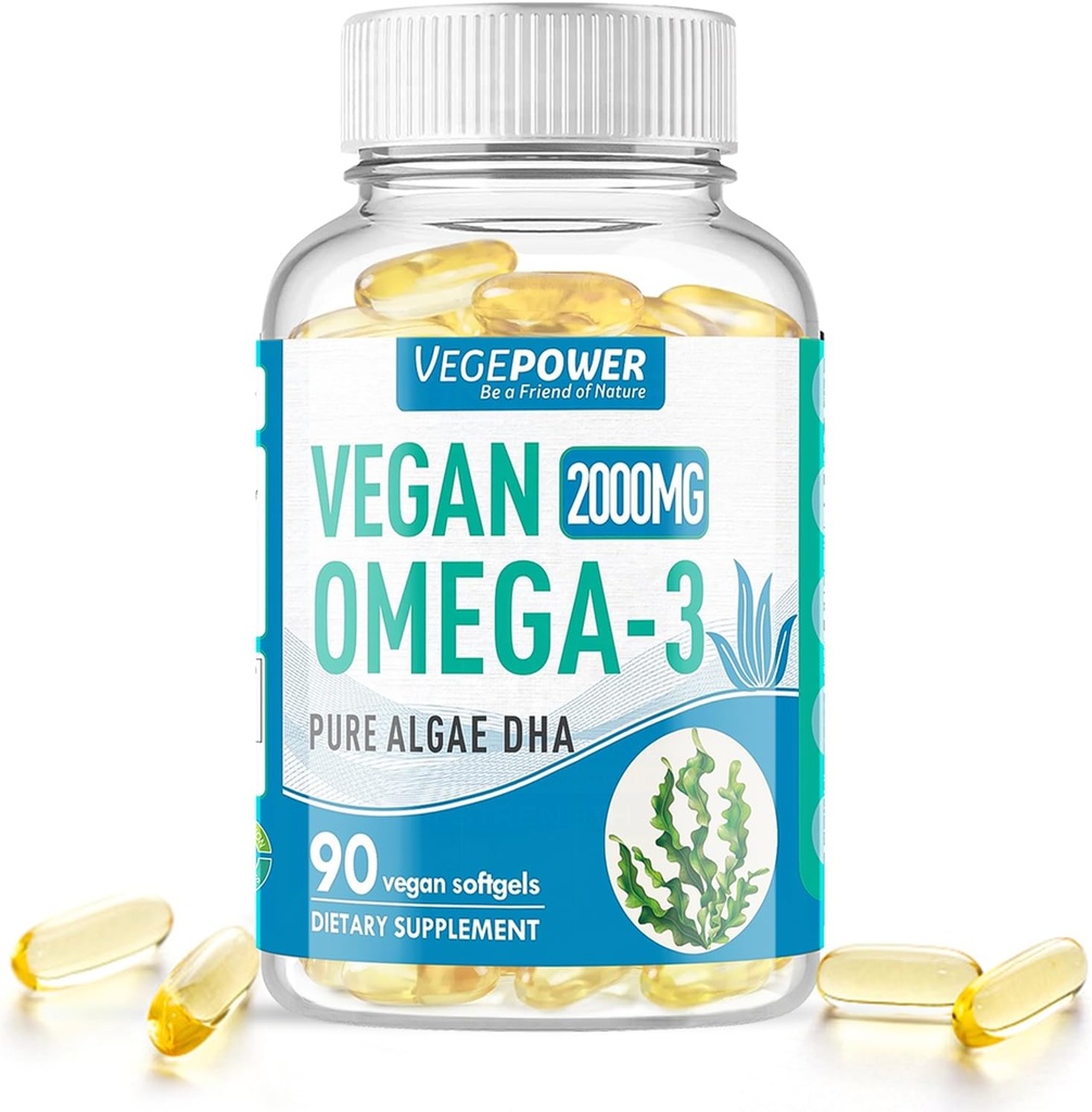 Vegan Omega-3 Algae DHA Supplements - 2000mg Algae Oil, Plant-Based Prenatal Algal DHA, 90 Carrageenan Free Softgels -Sustainable Fish Oil Alternative Supports Brain, Heart, Eyes, Joint Health