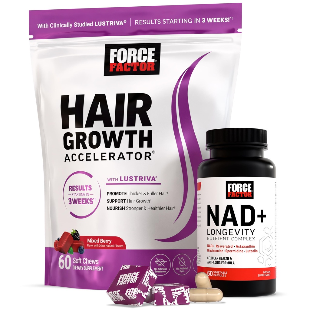 Bundle of FORCE FACTOR NAD+ + Force Factor Hair Growth Accelerator Soft Chews, Mixed Berry, 60 Soft Chews