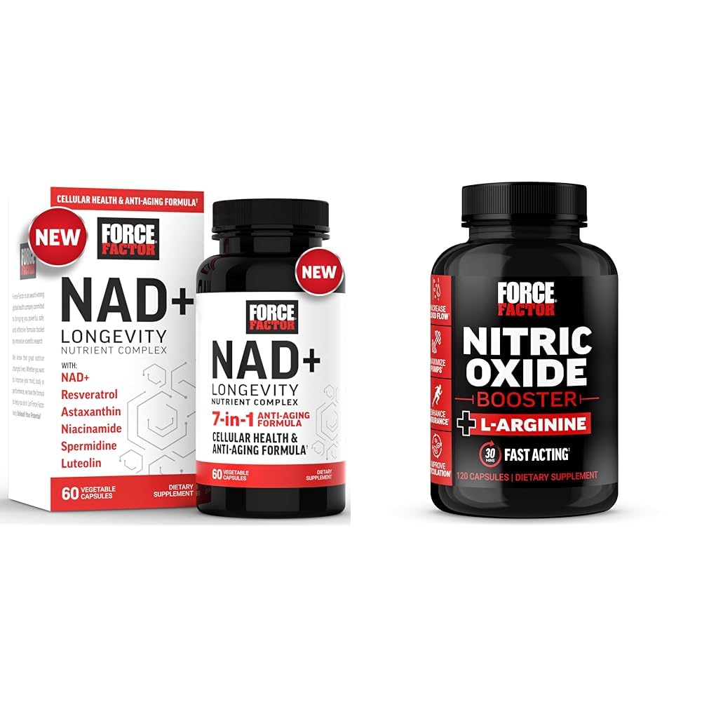 Bundle of FORCE FACTOR NAD+ FORCE FACTOR Nitric Oxide Booster, Fast-Acting Formula with L-Arginine, Boosts Nitric Oxide Levels, Maximize Muscle Pumps, Enhance Endurance, 120 Capsules