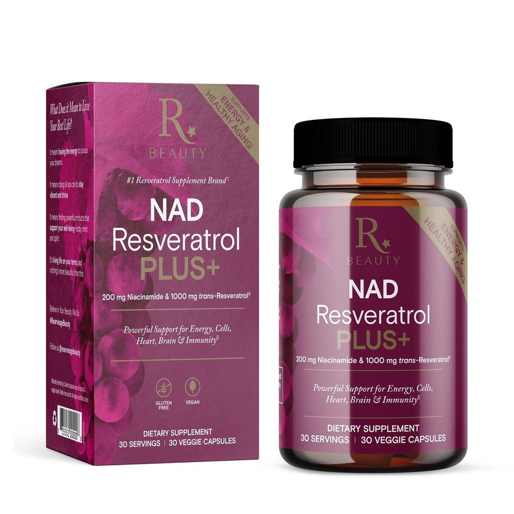 Reserveage NAD Resveratrol Plus+ - Antioxidant Support for Brain Health, Heart Health, Cellular Energy & More - 30 Veggie Capsules (30 Servings)