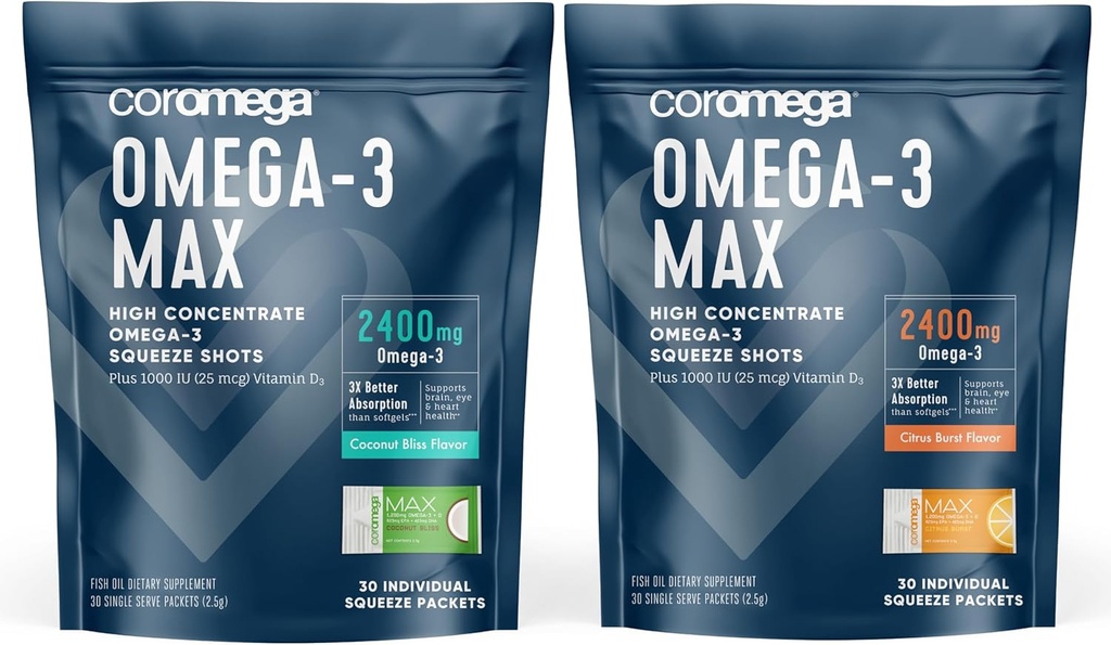 Coromega Omega-3 Fish Oil Bundle – 2400mg Omega-3s + Vitamin D, 3X Better Absorption, No Fishy Aftertaste, Coconut Bliss & Citrus Burst Flavors, 60 Squeeze Packets