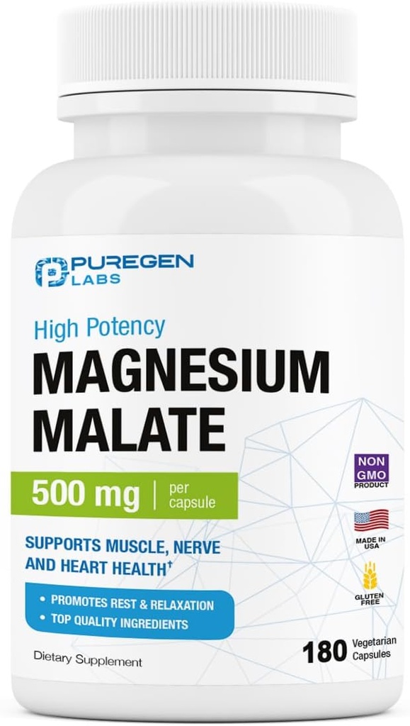 Puregen Labs Magnesium Malate 500mg | High Potency Elemental Magnesium | 180 Veggie Caps, Superior Absorption, Non-GMO, NO Gluten and Dairy, Supports Muscle, Joint, and Heart Health