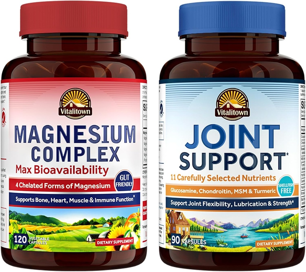 Vitalitown Magnesium + Glucosamine Chondroitin MSM Bundle (Pack of 2) | Magnesium Complex (Item 1) & Joint Support* (Item 2) | 120 Magnesium Capsules & 90 Joint Capsules