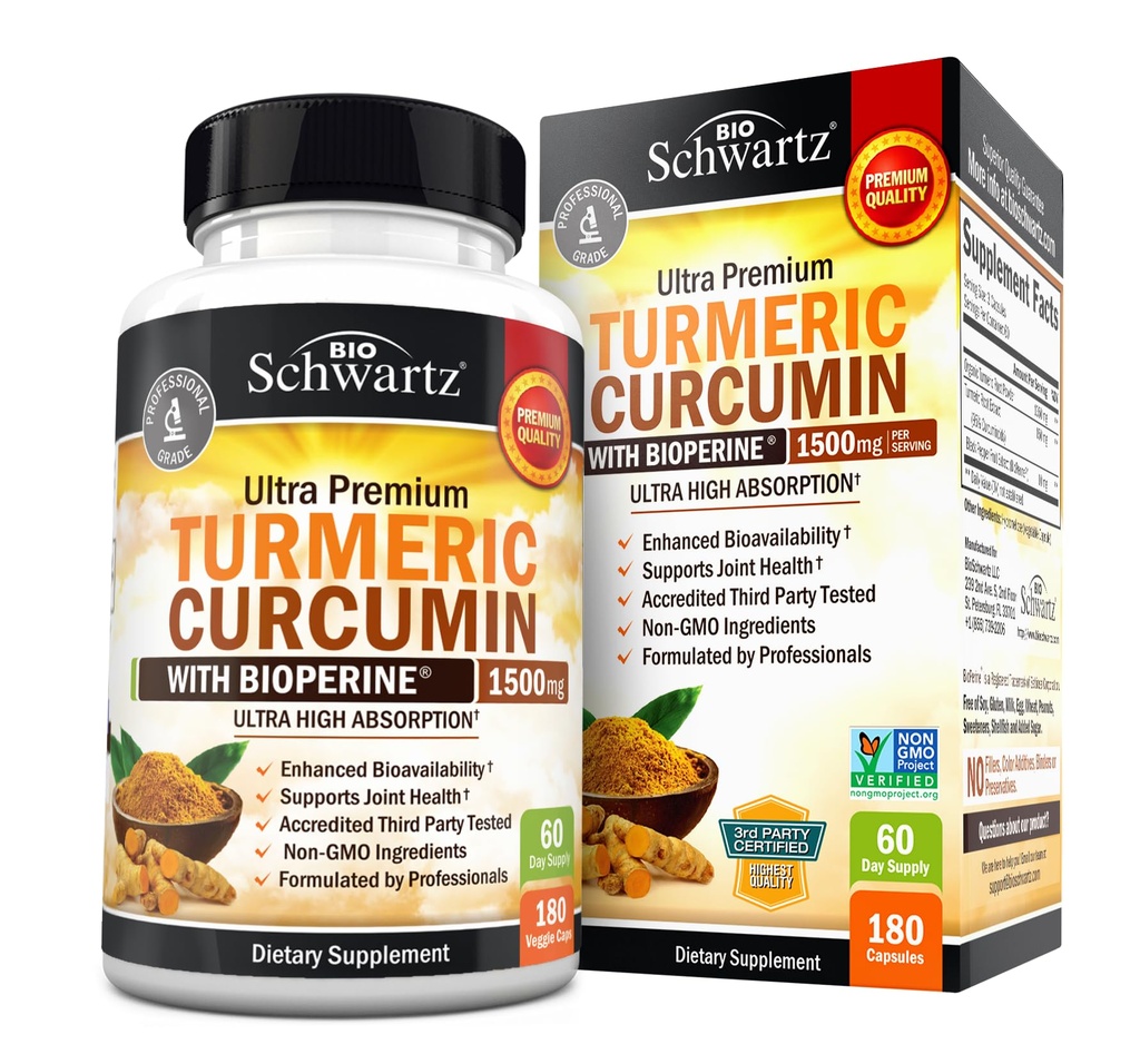 Turmeric Curcumin with Black Pepper Extract 1500mg - High Absorption Ultra Potent Turmeric Supplement with 95% Curcuminoids and BioPerine - Non GMO Tumeric Capsules for Joint Support - 180 Capsules