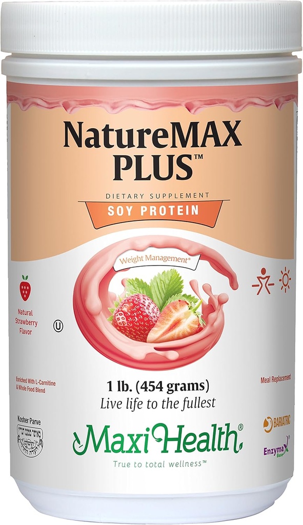Maxi-Health NatureMAX PlusTM Energy Support Drink Soy Protein Powder - Sugar Free Diet Supplement - 20g Protein Per Serving - Natural Strawberry Flavor - Kosher Vitamin - 1lb