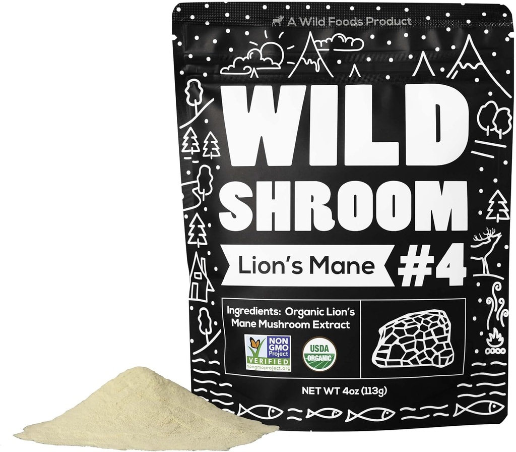 Wild Foods Lions Mane Powder Mushrooms Extract 10:1 | Organic Mushroom Powder | Adaptogenic Nootropic Herb for Brain Health, Memory and Focus(4 Ounce)