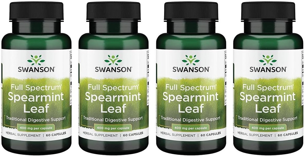 Swanson Spearmint Leaf (Mentha Spicata)-Full Spectrum Herbal Supplement Supporting Digestive Health '&' Mild Stomach Issues - (60 Capsules, 400mg Each) 4 Pack