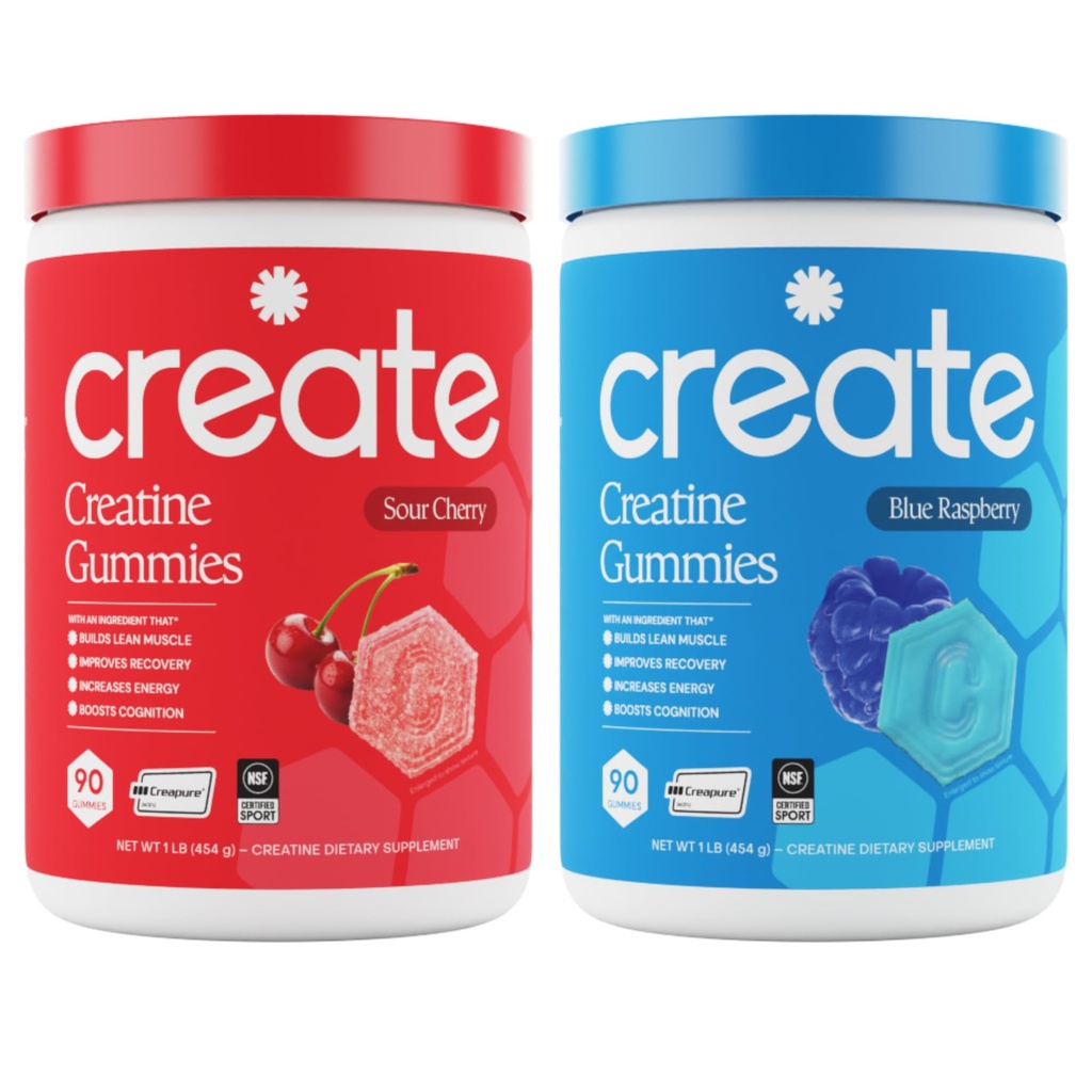 Create Creatine Monohydrate Gummies - Rocket Pop Duo - Blue Raspberry & Sour Cherry - Creatine Gummies for Women & Men, NSF Certified, 3rd Party Tested, Anti-Melting Formula, 180 Count (2-Pack)