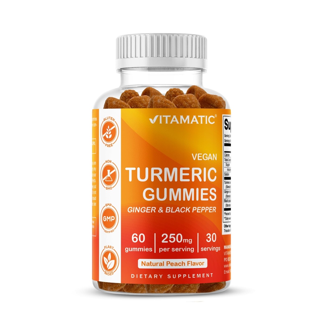 Vitamatic Turmeric Gummies with Ginger & Black Pepper Extract – 60 Vegan Gummies 95% Curcuminoids – Powerful Antioxidant & Inflammatory Support
