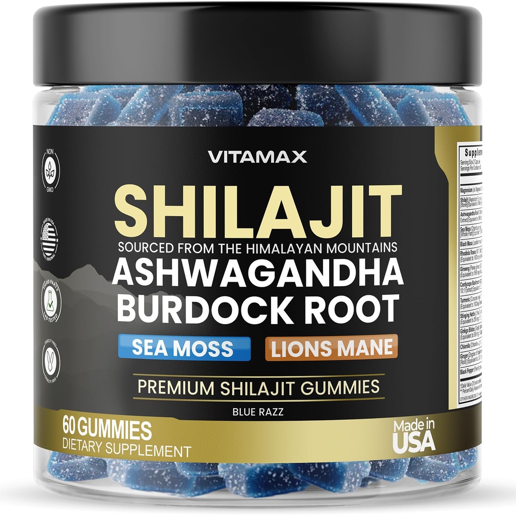Pure Shilajit Gummies, Sea Moss, Ashwagandha, 105+ Trace Minerals – Organic Burdock Root & Lions Mane Mushroom - Blue Razz – Vegan & Non-GMO – Made in USA – 60ct