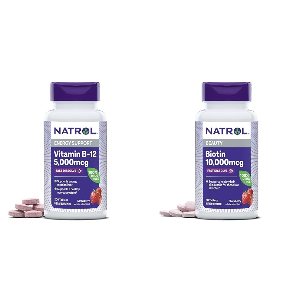 Natrol Vitamin B-12 5000mcg 200 Tablets & Biotin 10000mcg 60 Tablets for Cellular Energy, Healthy Nervous System, Hair, Skin and Nails