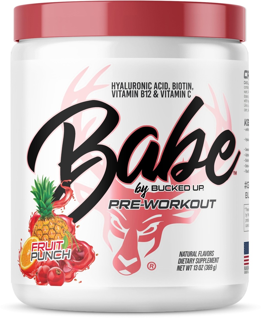 Bucked Up Babe Pre Workout Powder for Women | Fruit Punch | 6g Citrulline, 2g Beta-Alanine, 100mg Hyaluronic Acid, 5mg Biotin and 5 Other Registered trademarked Ingredients | 30 Servings | 13 OZ