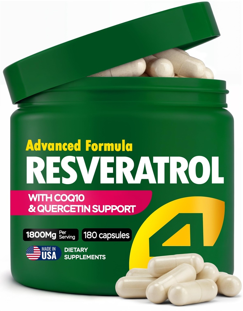 Resveratrol Supplement 1800mg with CoQ10 & Quercetin Support – Vitamin E & C (Calcium Ascorbate) – Antioxidant for Enhanced Energy, Heart Health & Healthy-Aging Support Trans Resveratrol 180 Capsules