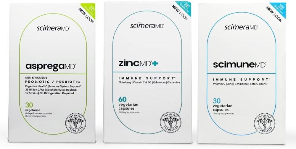 ScimeraMD® AspregaMD 30CT Probiotic + Prebiotic, ScimeraMD® ScimuneMD 30CT Immune Support and ScimeraMD® ZincMD Immune Support Supplement for Digestive Health and Immune System Support