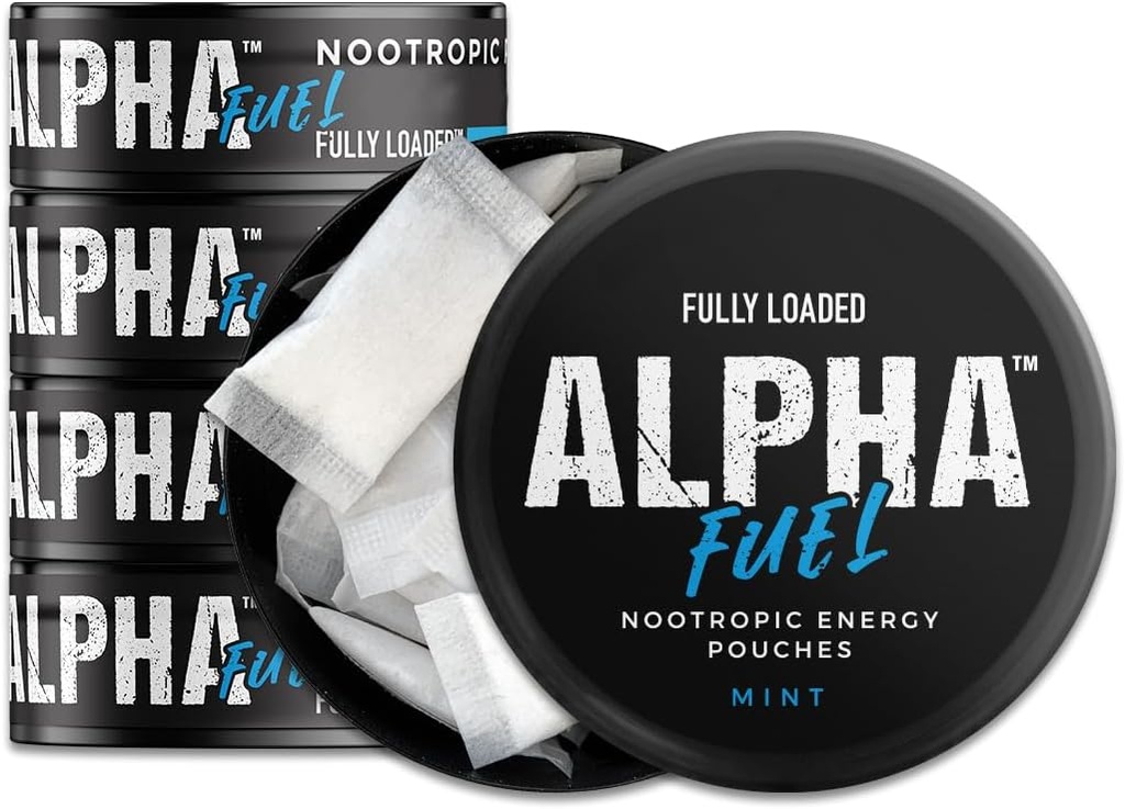 Fully Loaded Alpha Fuel Nootropic Pouches (Mint Fuel) - 5 Cans, 15 Pouches per can - Nootropic Energy Pouches with Caffeine, Alpha GPC, Tyrosine, Taurine, Guarana and More.