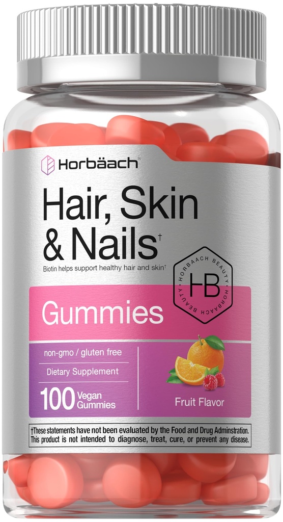 Horbäach Hair Skin and Nails Gummies | 100 Count | with Biotin | Fruit Flavored Vitamins | Non-GMO, Gluten Free Supplement