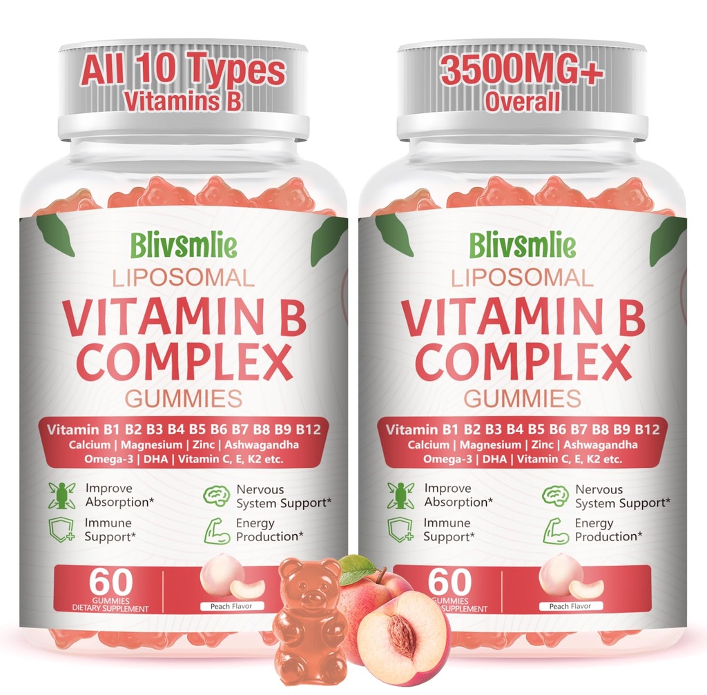 2 Pack 33-in-1 Liposomal Vitamin B Complex Gummies -B1, B2, B3, B4, B5, B6, B7, B8, B9,B12 | Vitamin C, D3,K2|Calcium,Magnesiun,Zinc etc.for Energy, Brain,Immune,Skin Support &Heart Support