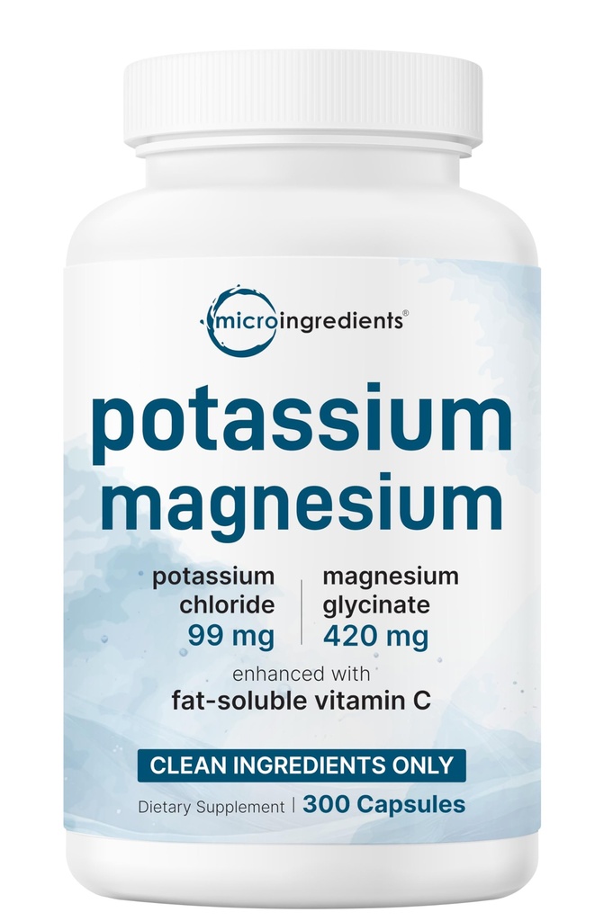 ﻿Pure Potassium Supplement with Magnesium Glycinate, 300 Capsules | Enhanced with Fat-Soluble Vitamin C | Chloride + Glycinate Mineral Electrolyte Complex | Only Active Ingredients | Filler Free