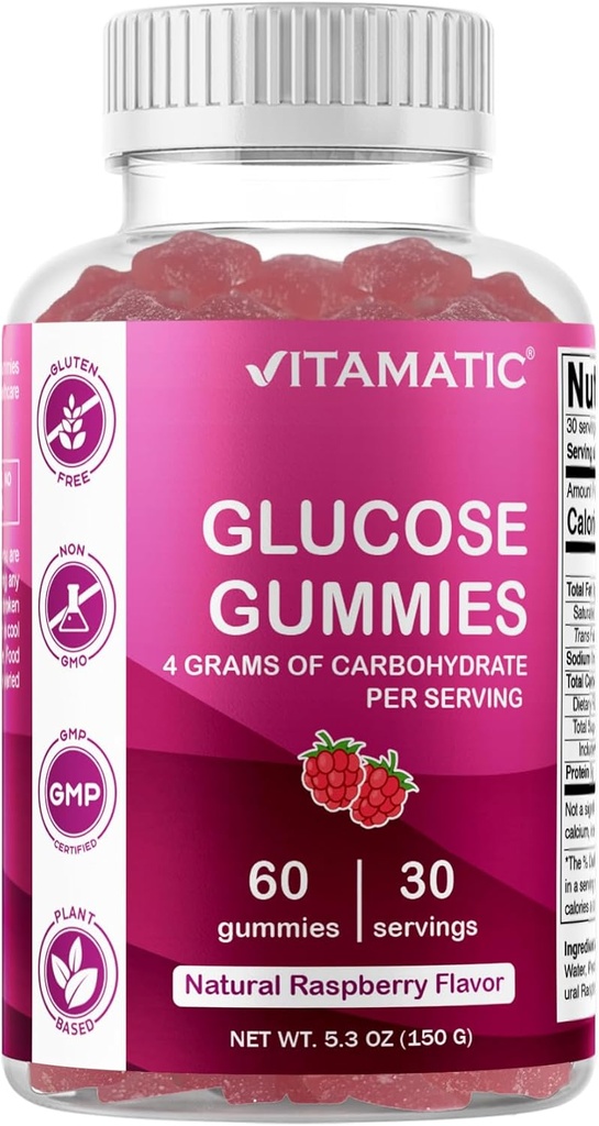 Vitamatic Glucose chewable Gummies - 60 Count - Natural Raspberry Flavor - 4G of Carbohydrate per Serving (1 Bottle)