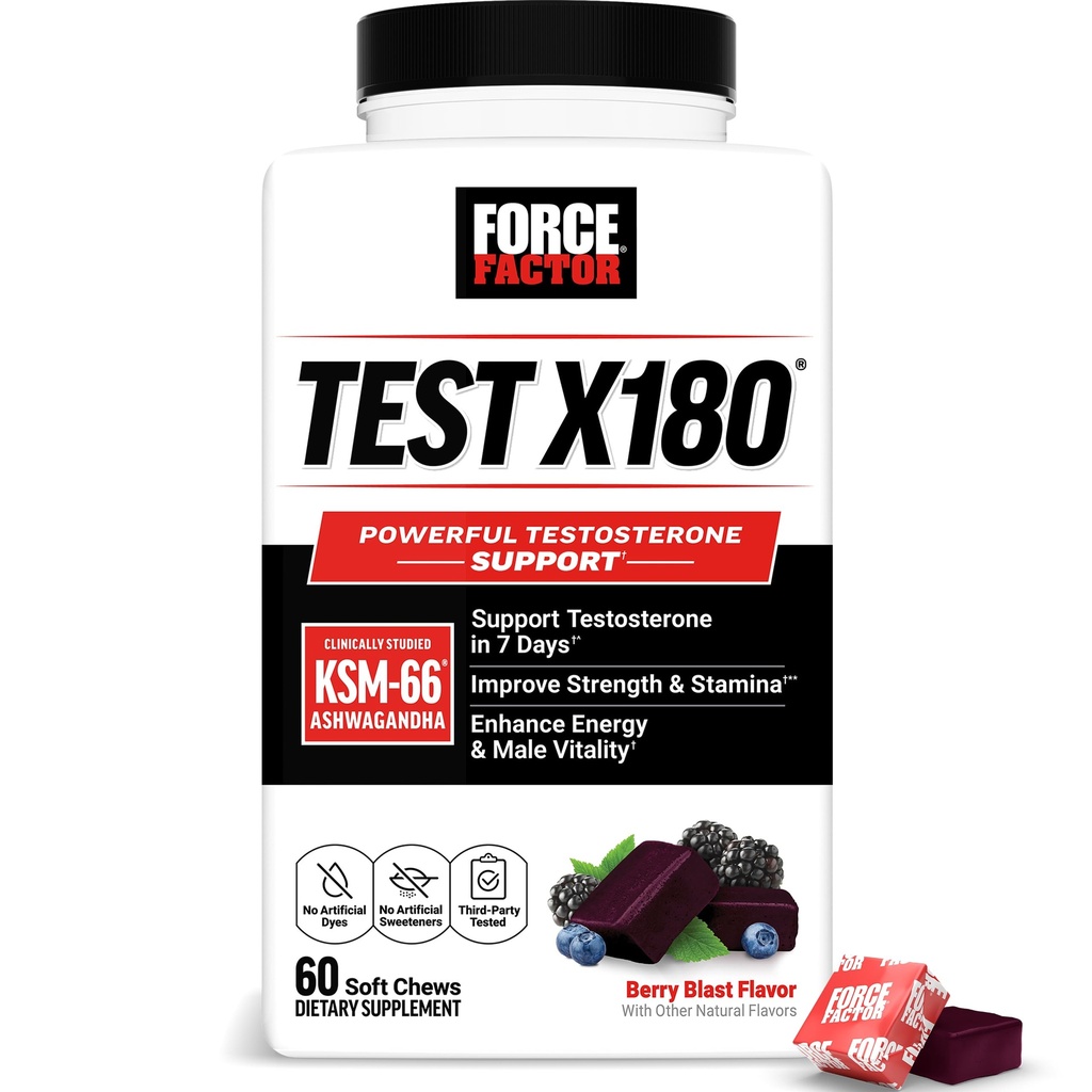 Force Factor Test X180, Testosterone Support for Men with Clinically Studied KSM-66 Ashwagandha, Boron, Vitamin D & Zinc, Support Testosterone & Performance, Berry Blast, 60 Soft Chews