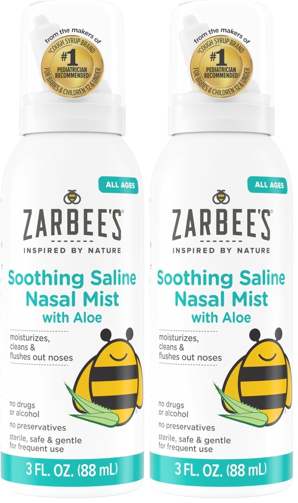 Zarbee's Baby Nasal Saline Spray, Soothing Sterile Mist with Aloe, Newborns & Up, Cleansing Nose Relief, 3Fl Oz (Pack of 2)