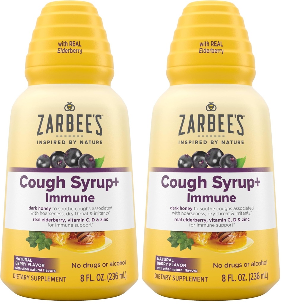 Zarbee's Naturals Complete Daytime Cough Syrup + Immune with Dark Honey,Real Elderberry,Vitamin C,D & Zinc,8 oz Bottle,(Pack of 2)