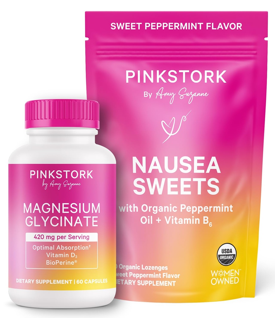 Pink Stork Mood and Stomach Relief Bundle - Magnesium Glycinate and Organic Peppermint Sweets for Morning Sickness and Motion Sickness, Mood Support