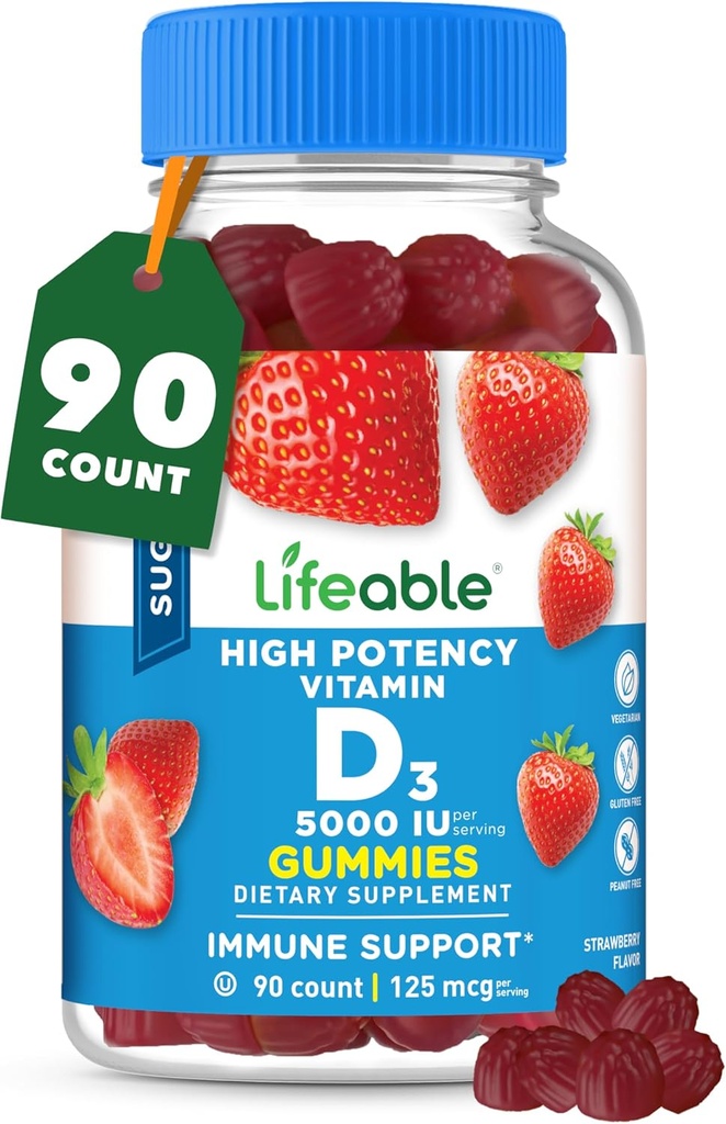 Lifeable Sugar Free Vitamin D 5000 IU - Great Tasting Natural Flavor Gummy Supplement - Gluten Free Vegetarian GMO-Free Chewable - for Immune Support and Bone Health - for Adults - 90 Gummies