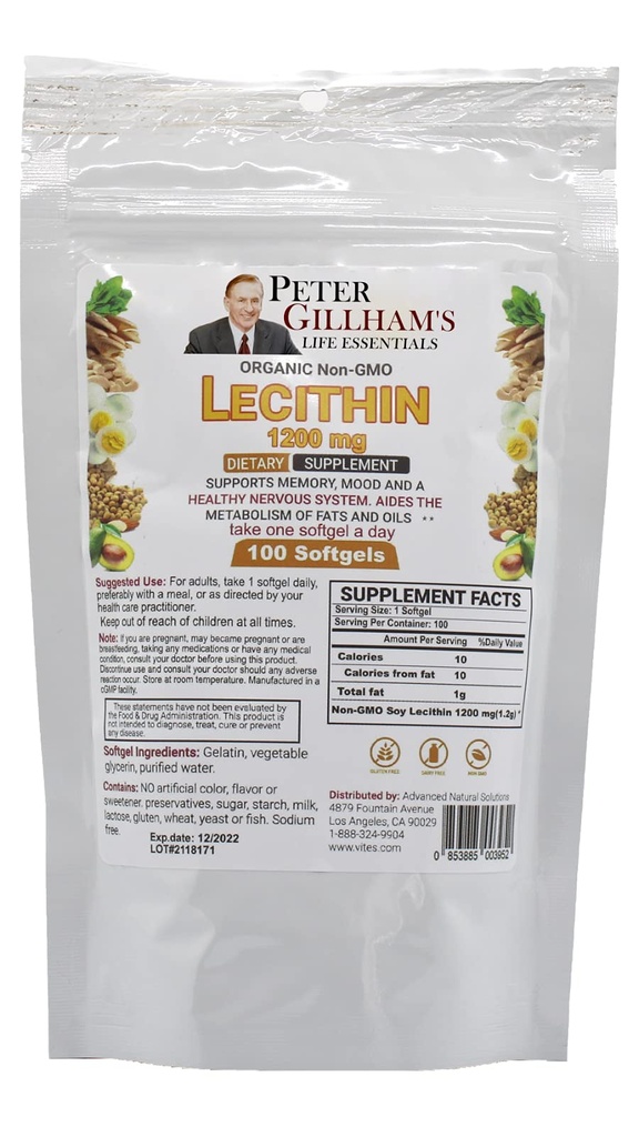 Lecithin 1200mg,100 Softgels, Optimize Liver Function, Promotes Brain & Cardiovascular Health, Aids Cellular Activities, Digestion, Break Down Fat, Non-GMO. Made in USA Peter Gillhams