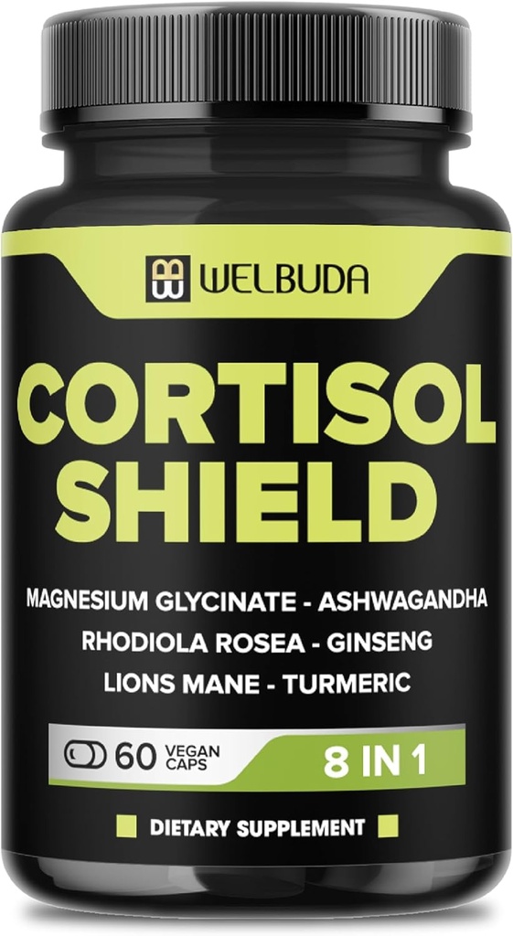 8in1 Cortisol Shield - Ashwagandha and Magnesium, Rhodiola Rosea, Lions Mane, Gingsen, and 3 More - Relaxation & Restful Night Support & Mood Balance - 60 Count