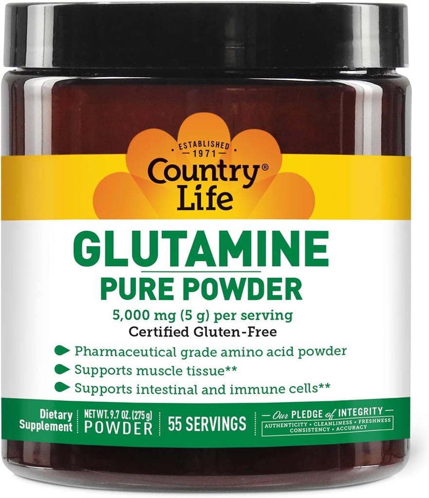 Country Life Glutamine Pure Powder - 5000mg L-Glutamine - Muscle Tissue, Gut Health, Immune Support - Gluten-Free Certified - Ideal Pre/Post Workout Amino Acid Supplement, 55 Servings, 9.7oz