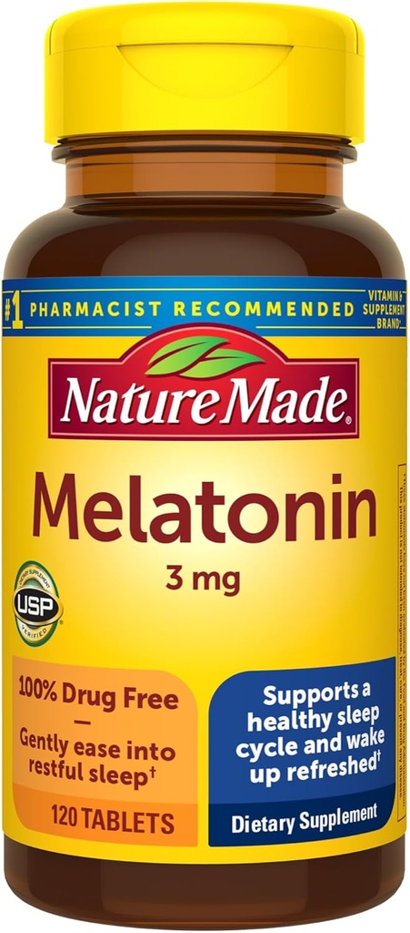Nature Made Melatonin 3mg Sleep Aids for Adults, 100% Drug Free Sleep Aid, Sleep Supplements, 120 Tablets, 120 Day Supply
