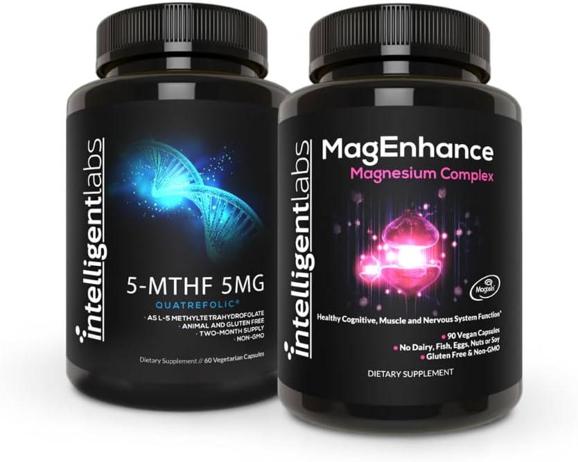 Intelligent Labs 2-in-1 Bundle of MagEnhance Supplement (with Magnesium L-Threonate, Glycinate & Taurate) and 5MG 5-MTHF Methylfolate as Quatrefolic Acid® (MTHFR Supplement for Methylation Support)